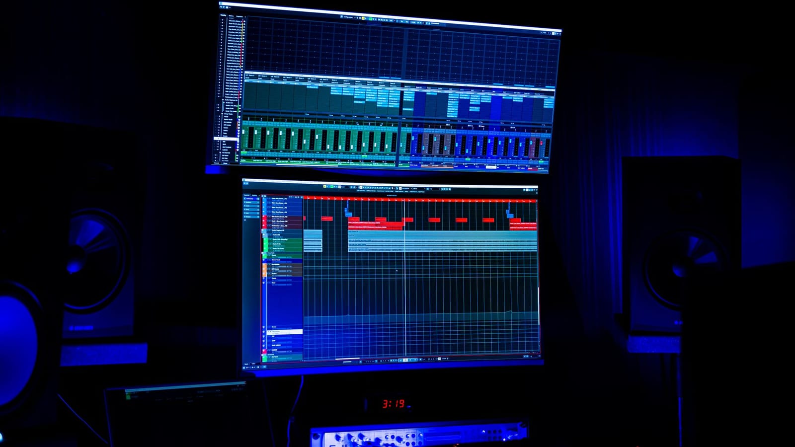 Two studio monitors showing audio editing software under blue lights