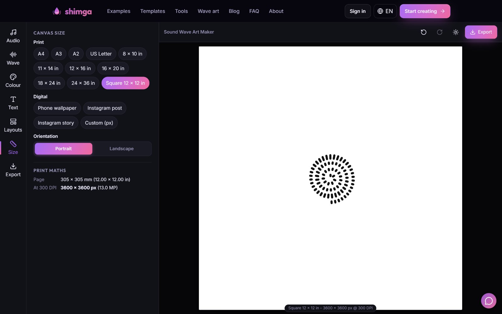 The Shimga editor Size tab showing print and digital size presets, orientation and print maths