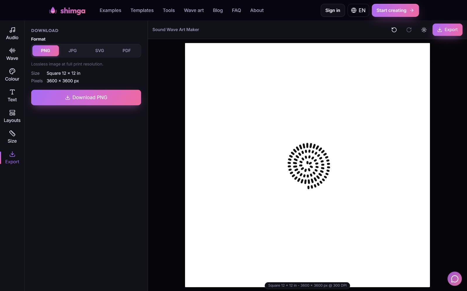 The Shimga editor Export tab showing format buttons for PNG, JPG, SVG and PDF, the print size and pixels