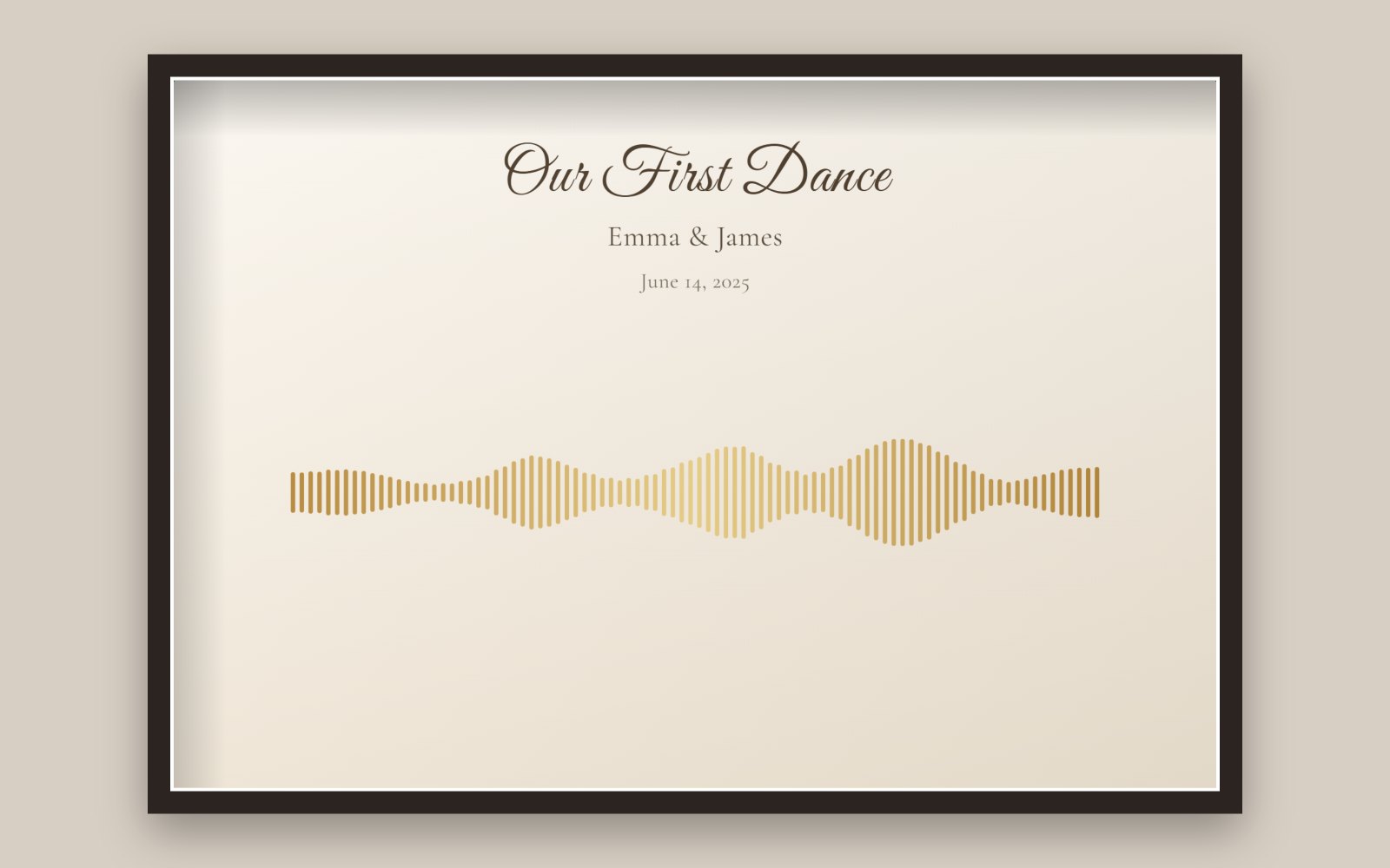 A landscape sound wave print with a gold waveform on ivory titled Our First Dance, in a dark wooden frame