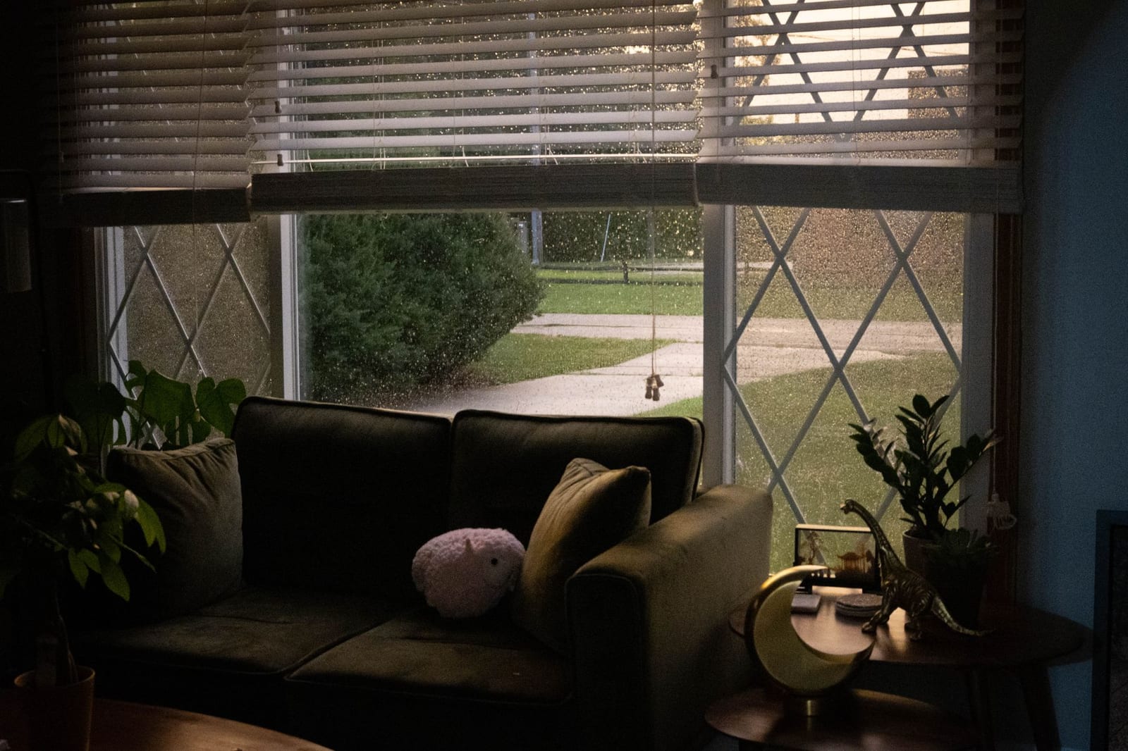 A cosy living room with rain on the windows and potted plants