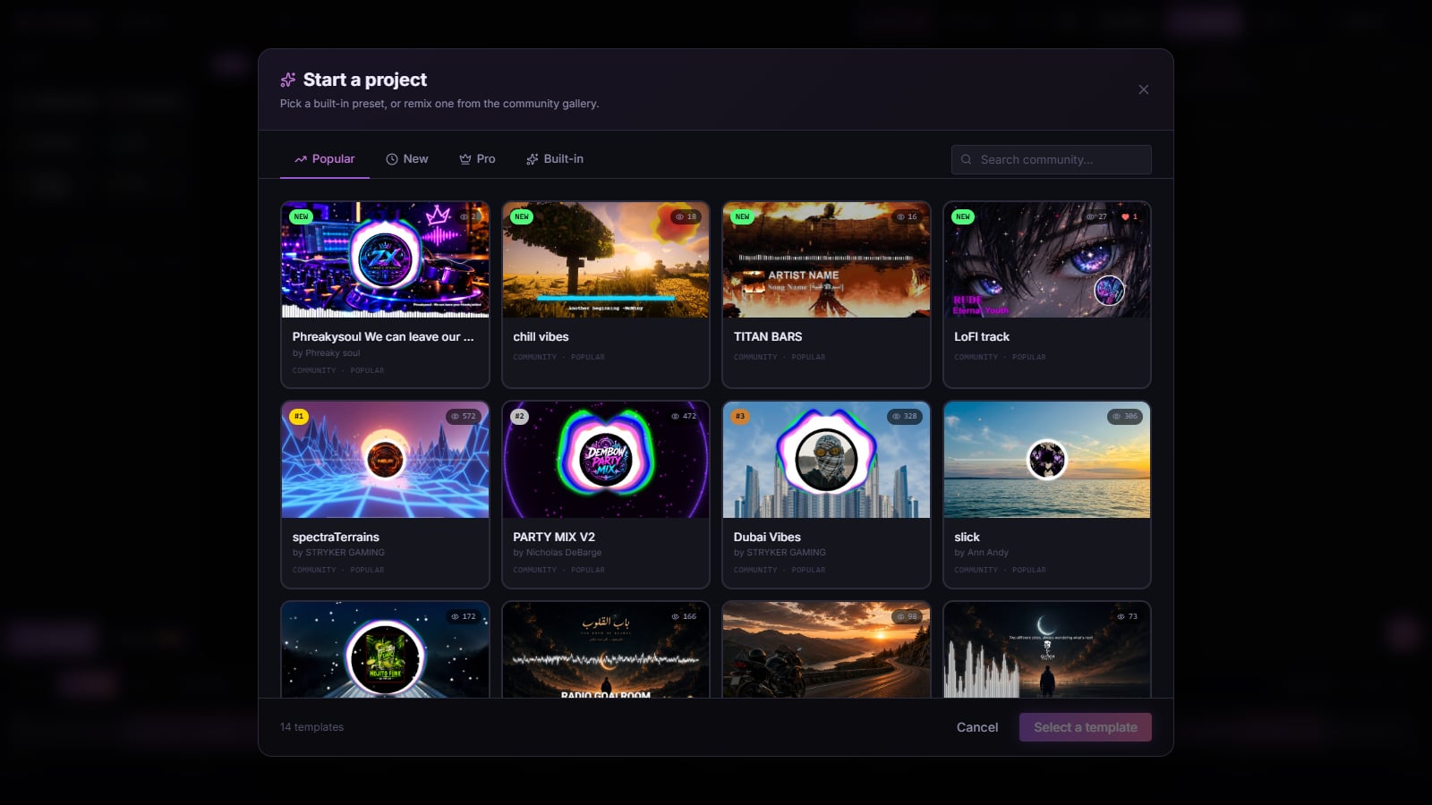 Shimga's Start a project screen with community templates including chill and lofi designs