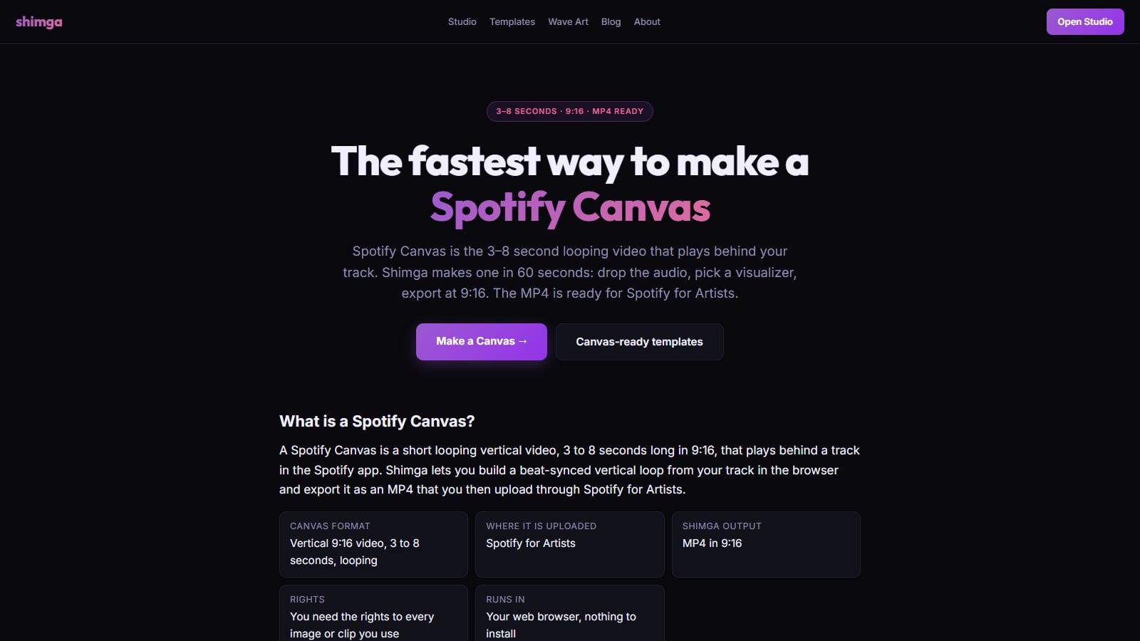 Shimga's Spotify Canvas maker page explaining the 3 to 8 second 9:16 format