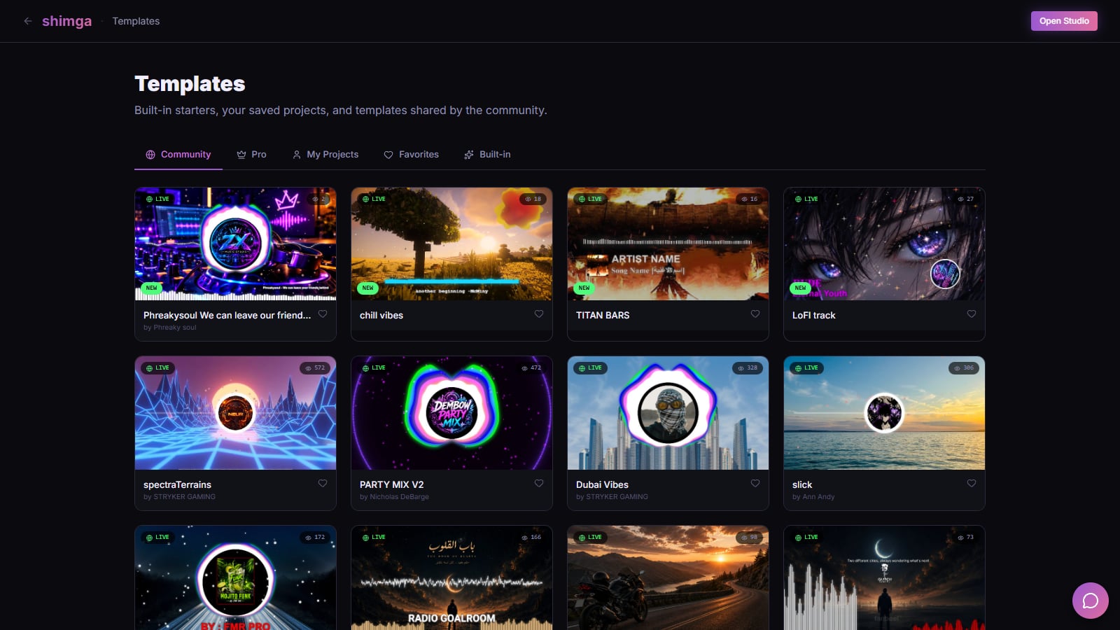 Shimga's templates page with community visualizer designs