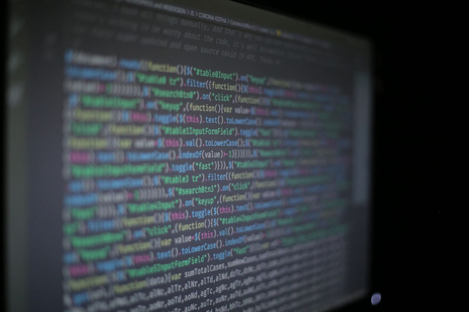 Colourful programming code on a computer monitor