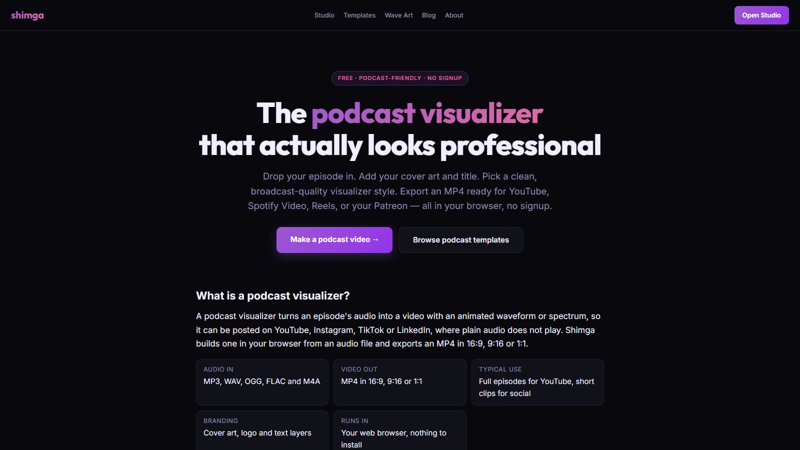 Shimga's podcast visualizer page with the Make a podcast video button