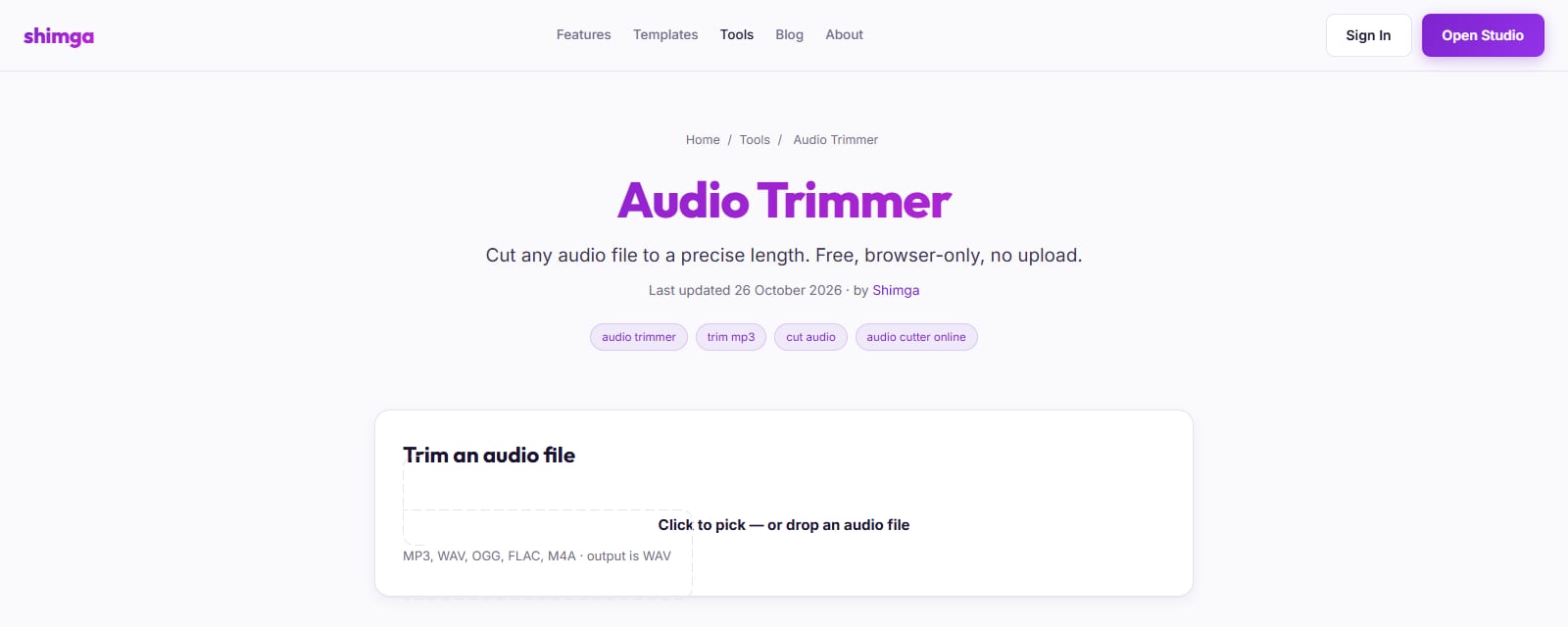 Shimga's free audio trimmer page for cutting a song to a precise length