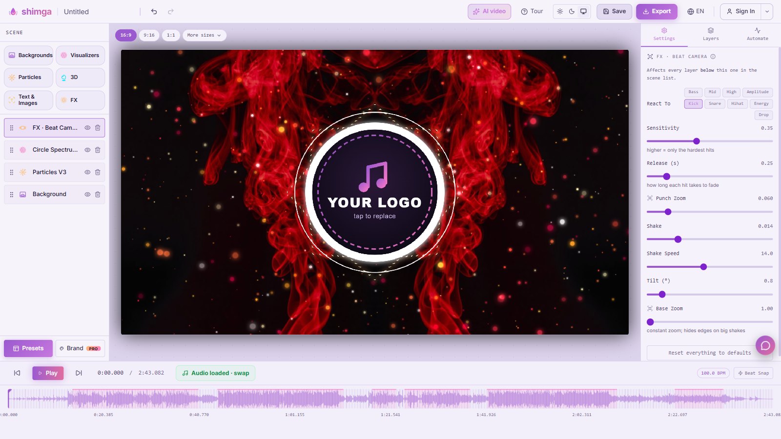 Shimga Studio in a browser: a circular spectrum visualizer over red smoke and particles, layer list on the left, beat camera settings on the right and the audio timeline below