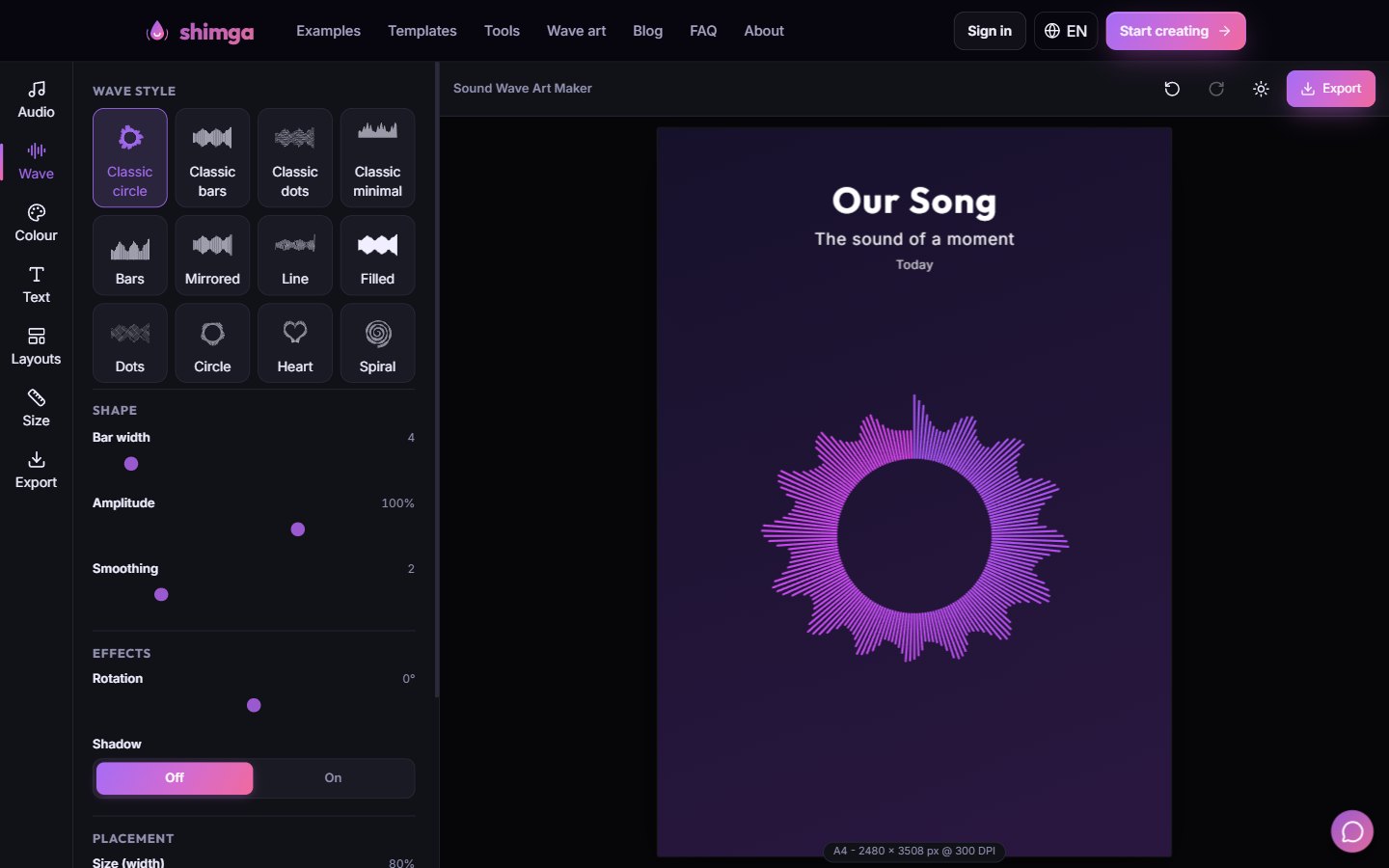 The Shimga sound wave art editor showing the Wave tab with twelve style buttons and a circular waveform preview