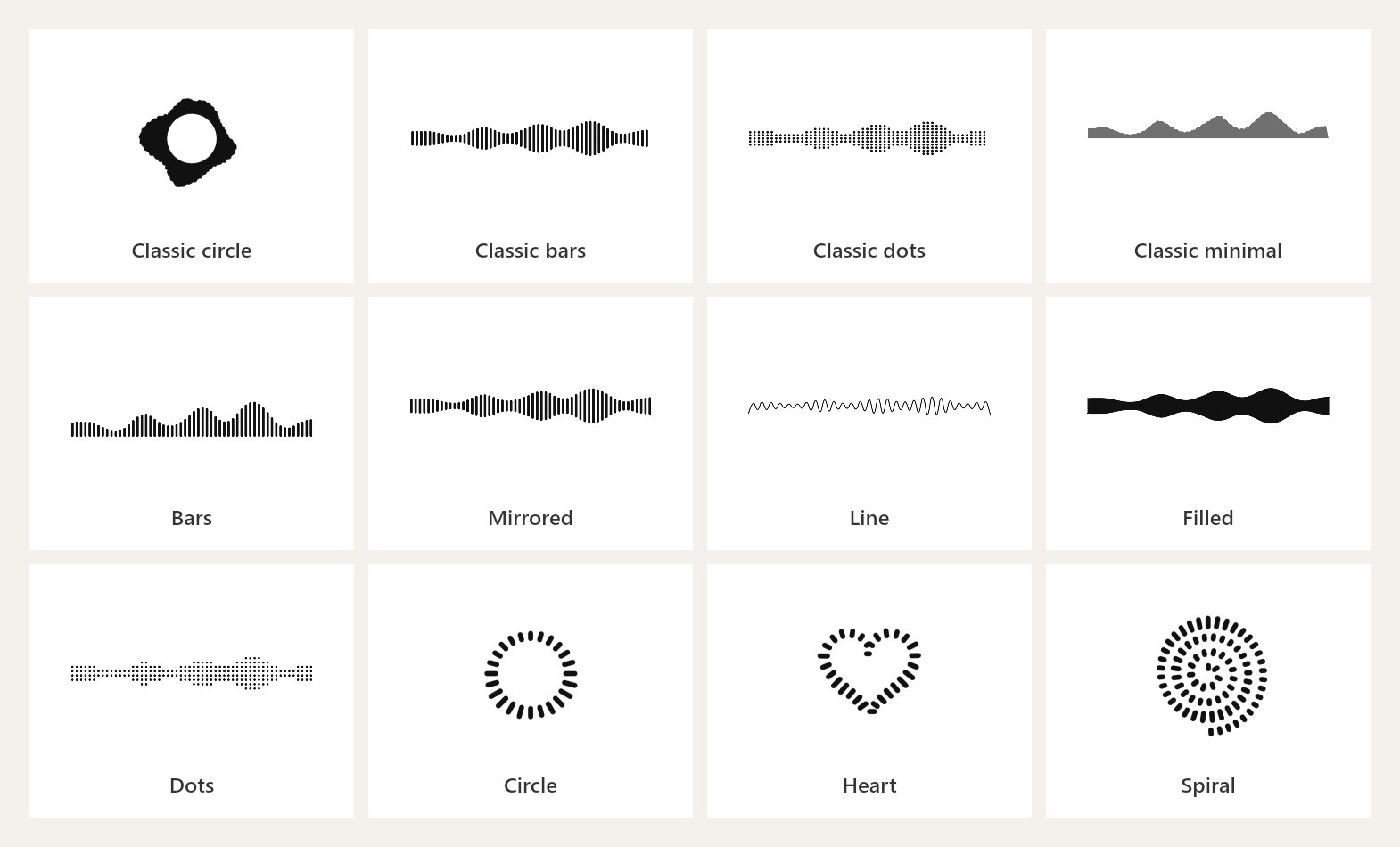 Grid of twelve waveform styles drawn from the same audio: classic circle, classic bars, classic dots, classic minimal, bars, mirrored, line, filled, dots, circle, heart and spiral