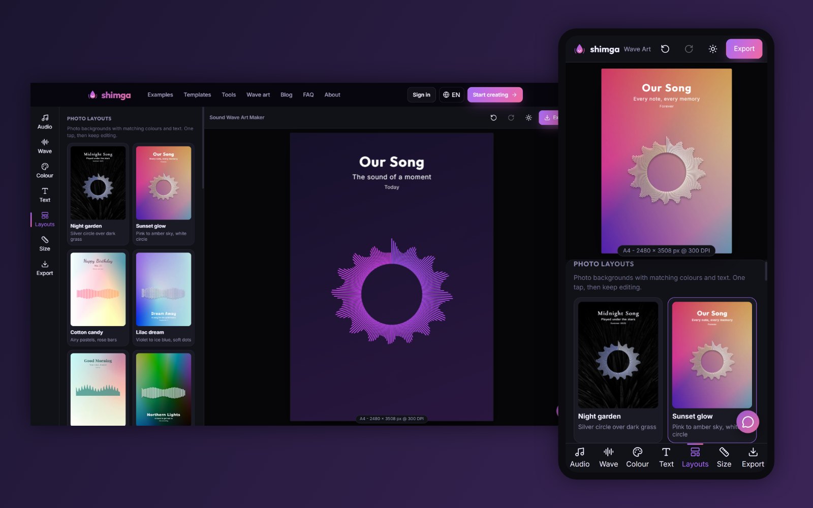 The Shimga sound wave art editor on a laptop screen with photo layouts, next to the same editor on a phone showing a sunset gradient poster