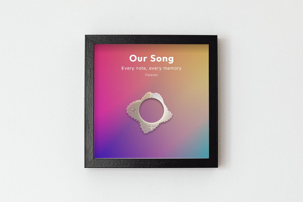 A square black frame on a white wall holding a pink and amber gradient print with a white circular sound wave titled Our Song