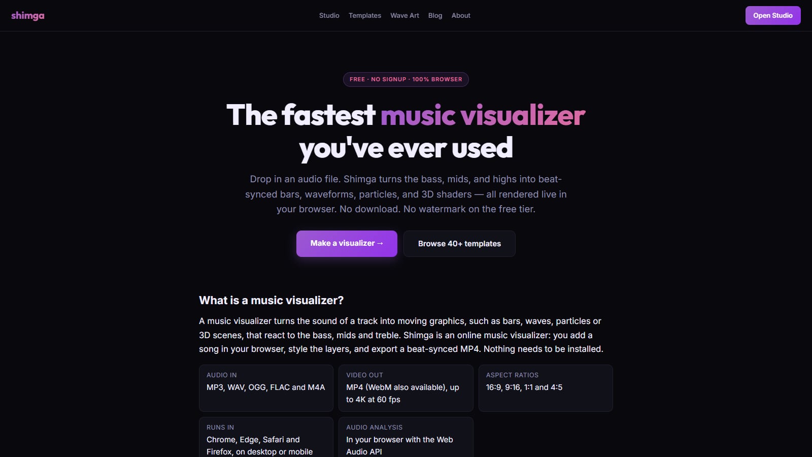 Shimga's music visualizer page listing audio and video formats