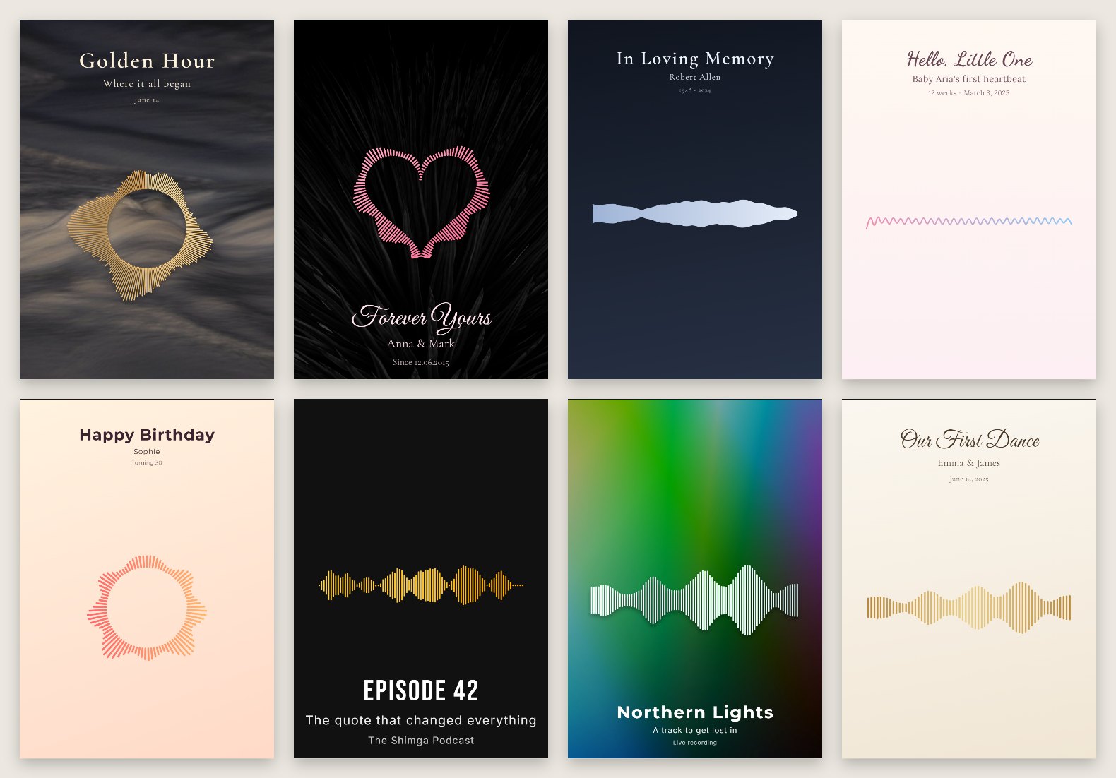Eight waveform art posters in a grid: a gold circle, a pink heart, a pale memorial wave, a pastel heartbeat line, a birthday ring, a podcast quote, a neon aurora wave and a gold wedding wave
