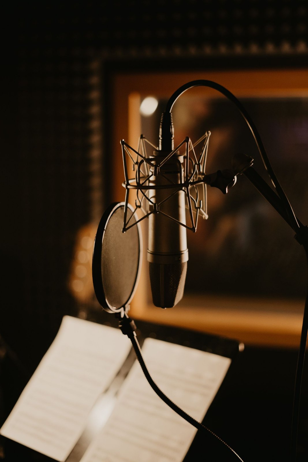 A studio microphone with a pop filter in a dimly lit recording room